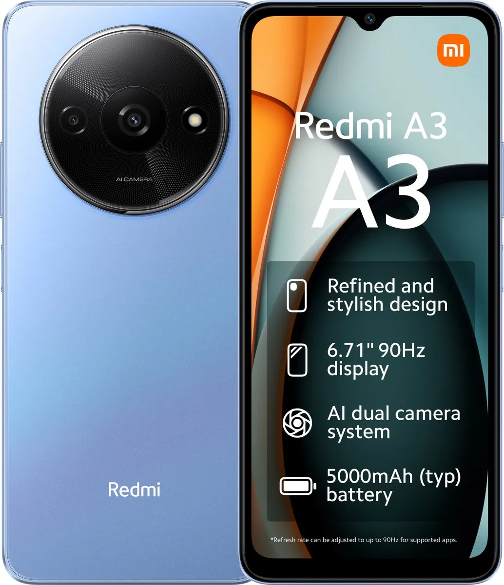 Xiaomi | Redmi A3 – 64 Go – Bleu avec housse en cuir et protection d’écran